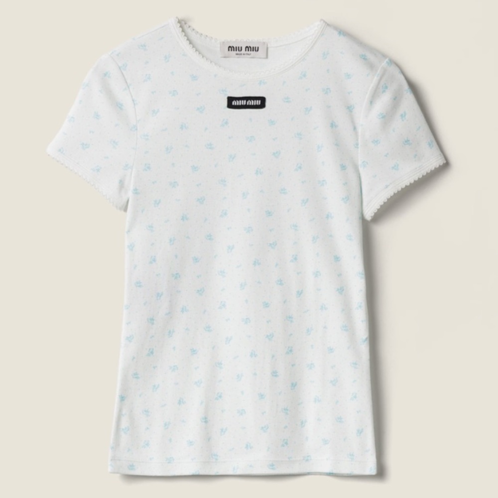 NWT Miu Miu Ribbed Jersey Tee with Aqua Floral Motif sz. L